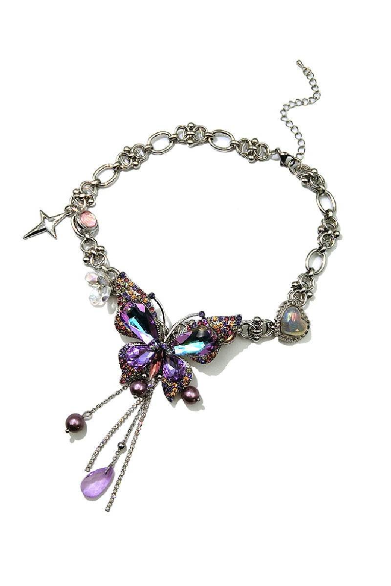 Water drop tassel butterfly diamond Necklace 873960697326 - COCOMELODY